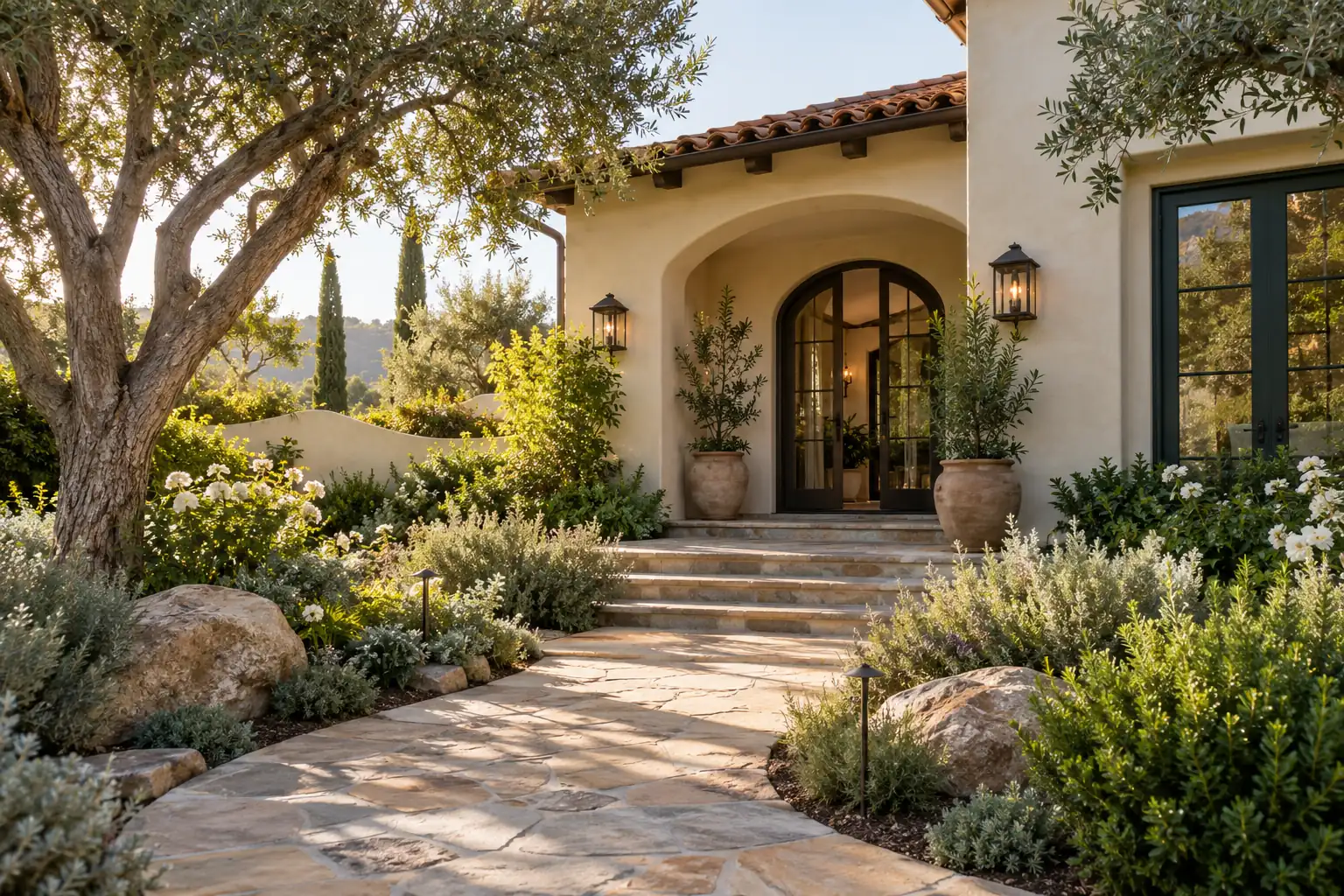 Welcoming El Cajon style home entrance with a planted garden